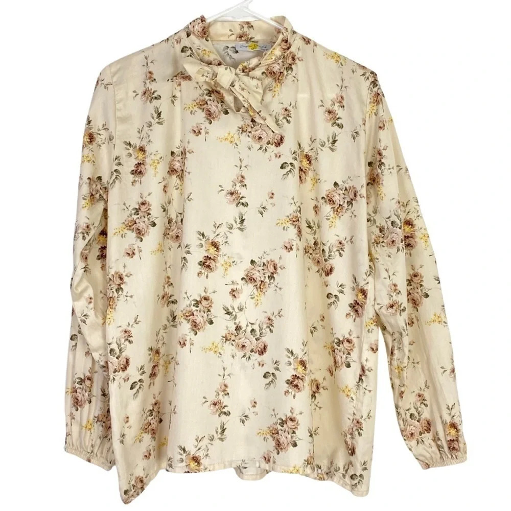 Ceo Ceylan Otantik Floral Blouse Top Womens Size Large Tie Neck Long Sleeves